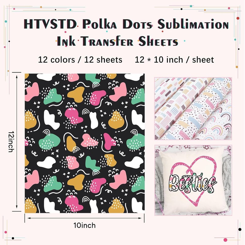 HTVSTD Polka Dot Sublimation Ink Transfer Sheets 12 Sheets 12'' x 10''Flower/Rainbow Pattern Sublimation Paper Transfer Sheets for Mugs Tumblers DIY Transfer Paper - Image 3